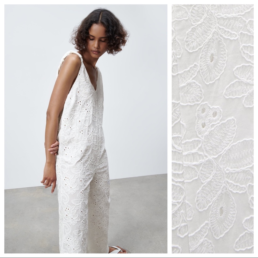 Zara White Broderie Anglaise Wide-Leg Jumpsuit - Picture 4 of 10